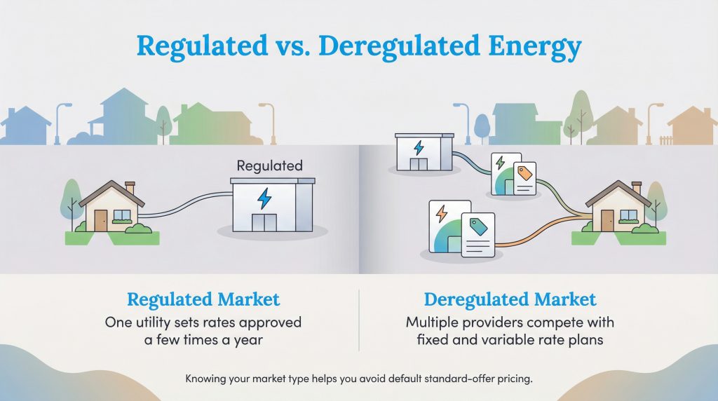 Infographic comparing regulated vs. deregulated energy markets, showing single vs. multiple provider options.