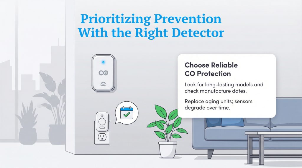 Illustration of two carbon monoxide detectors and a text box with tips for reliable CO protection.