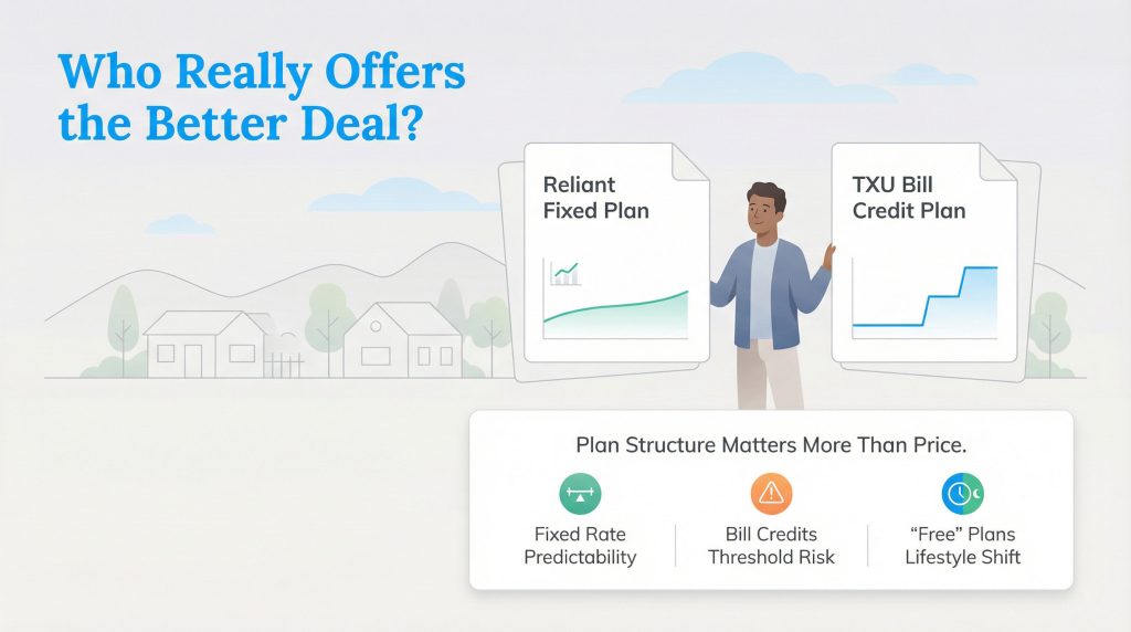 Illustration comparing Reliant Fixed Plan and TXU Bill Credit Plan with graphs, highlighting plan structure, predictability, and risks.