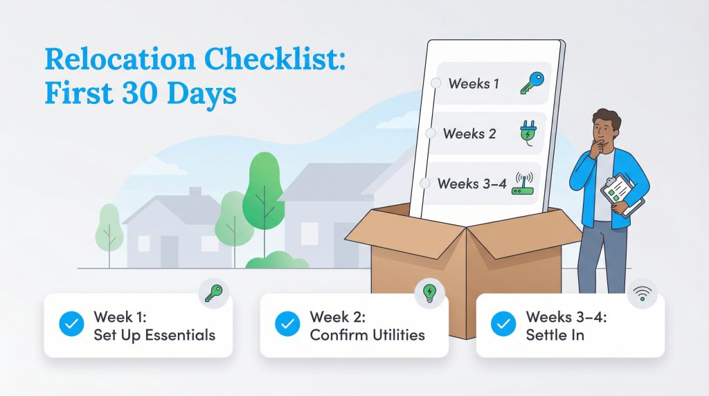 A man holds a clipboard next to a large checklist for the first 30 days of relocation.