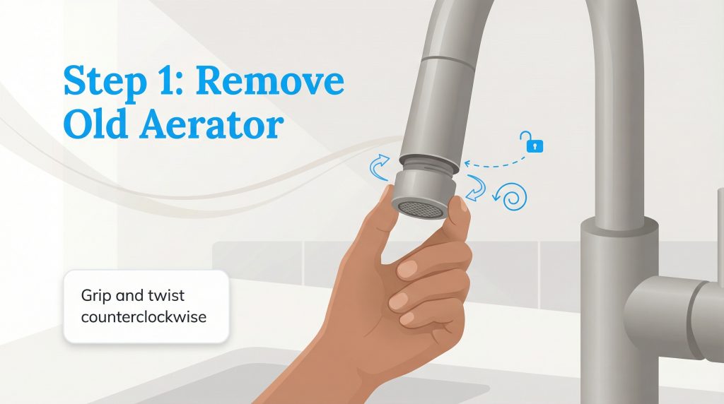 Hand removing an old aerator from a kitchen faucet by twisting it counterclockwise.