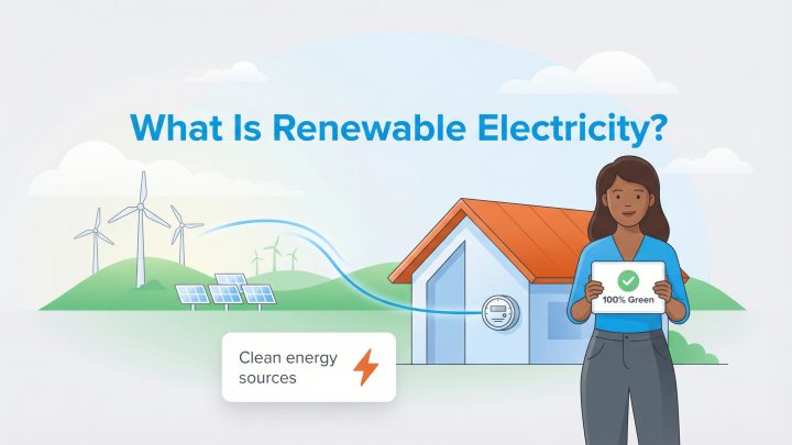 Illustration showing a house powered by wind and solar energy, with a woman holding a '100% Green' tablet.