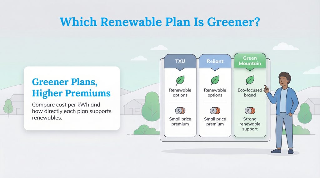 Infographic comparing renewable energy plans from TXU, Reliant, and Green Mountain, noting that greener options often have higher premiums.