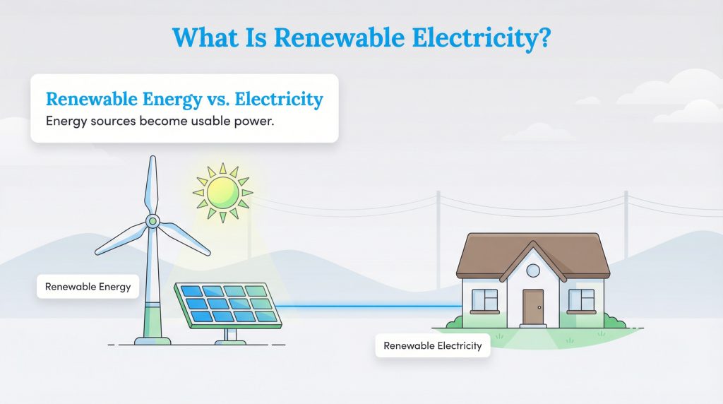 Infographic illustrating wind and solar power converting energy into electricity that powers a house.