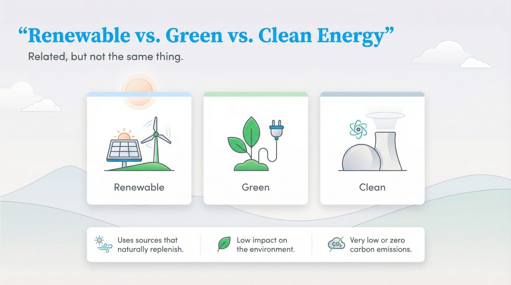 Comparison of energy types: Renewable replenishes, Green has low impact, Clean has low emissions.
