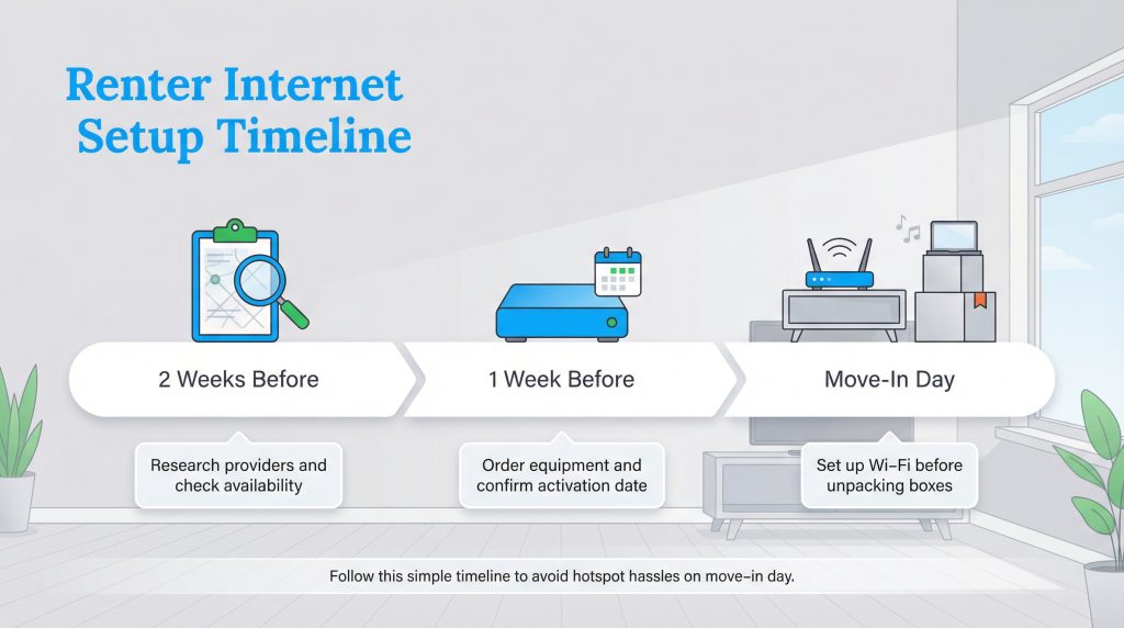 A three-step timeline for renter internet setup: 2 weeks before, 1 week before, and move-in day actions.