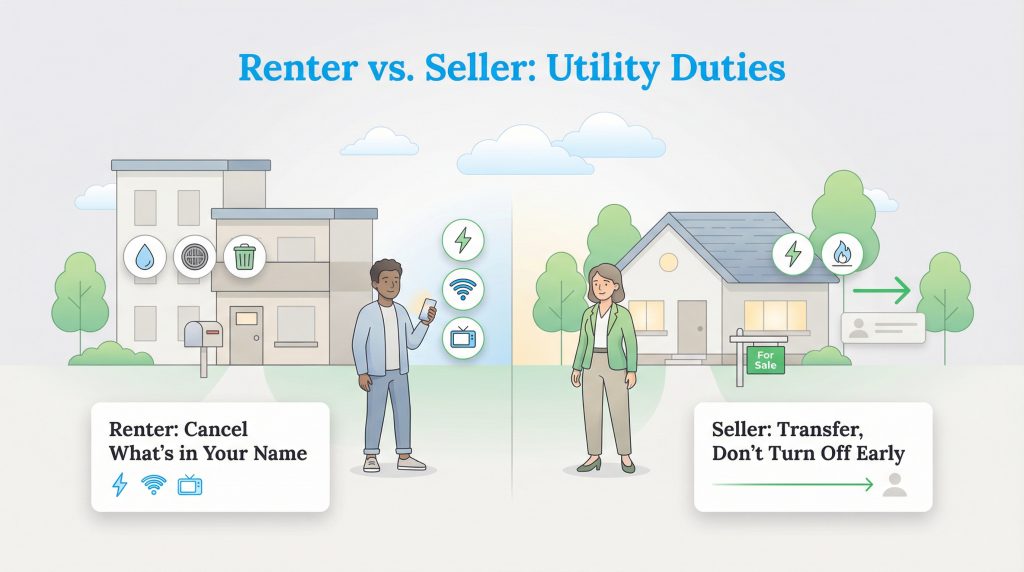 Infographic comparing utility responsibilities for a renter cancelling services and a seller transferring them.