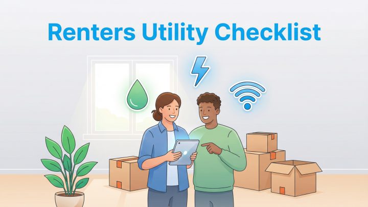 Two renters with moving boxes check a tablet, with water, electric, and Wi-Fi icons overhead.