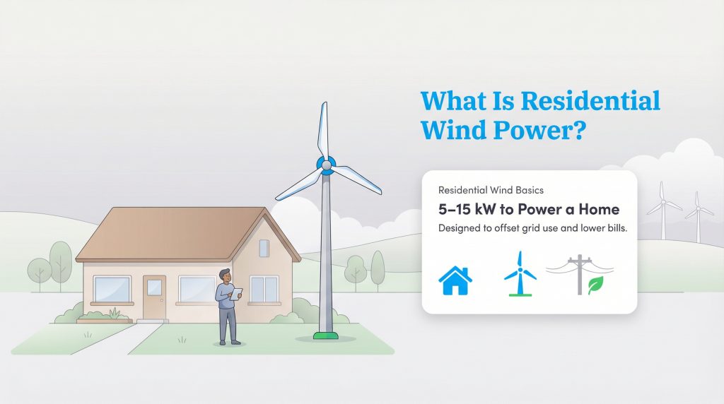 Infographic showing a house with a small wind turbine and text about its 5-15 kW capacity for powering a home.