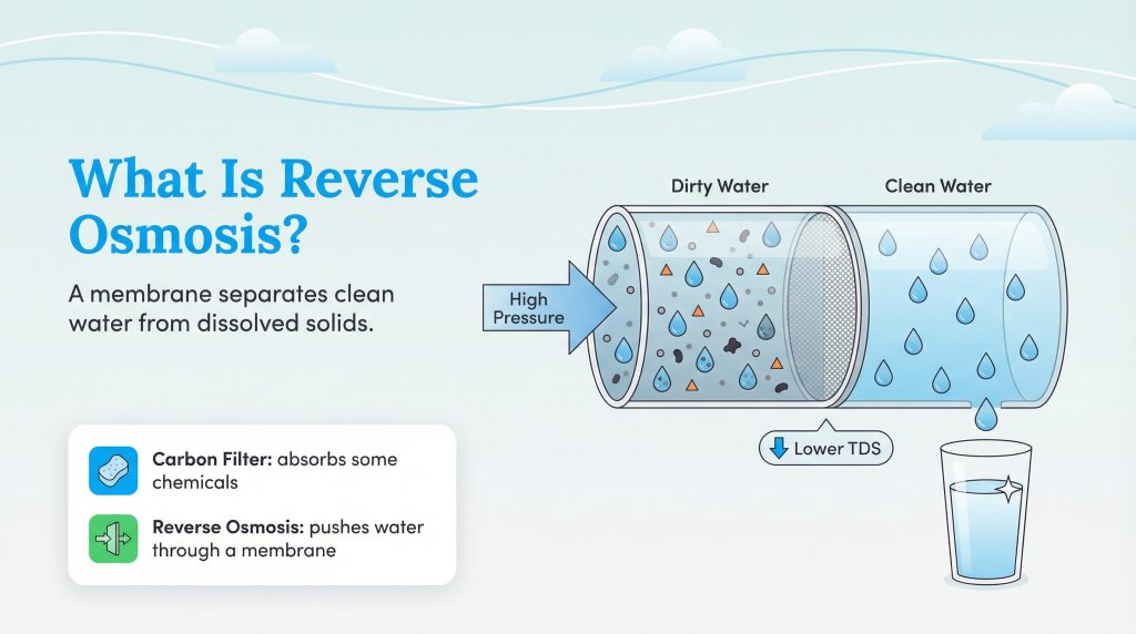 Diagram showing high pressure pushing dirty water through a membrane to create clean water.