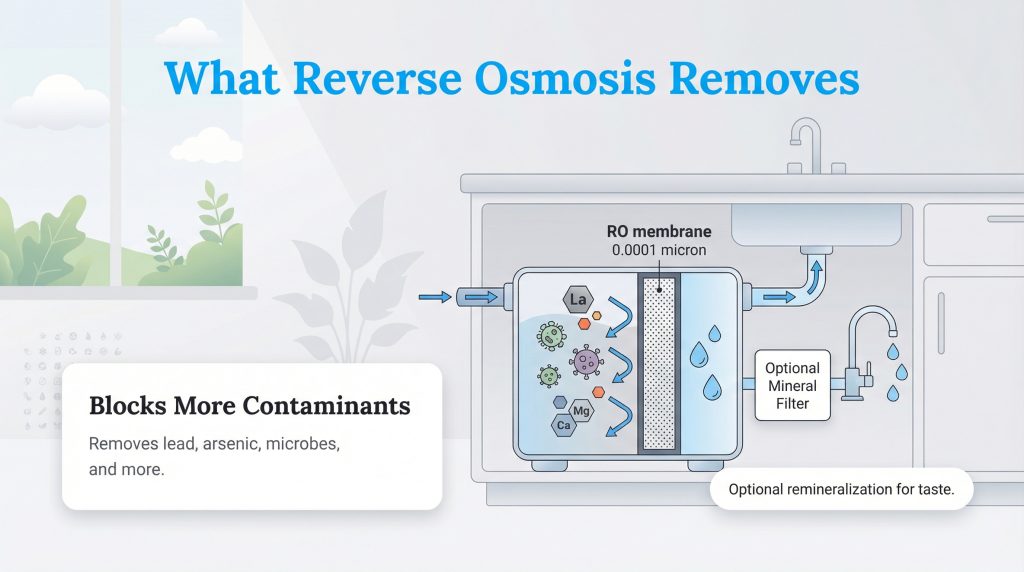 Diagram of a reverse osmosis system blocking lead, arsenic, and microbes, with an optional mineral filter.