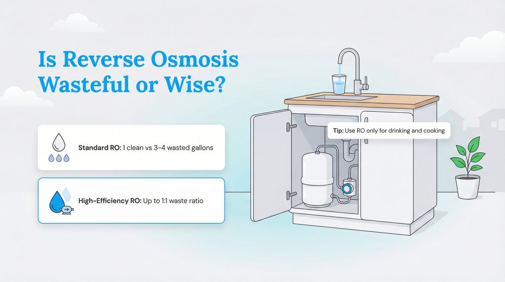 Infographic comparing standard RO water waste to high-efficiency systems with a 1:1 ratio.