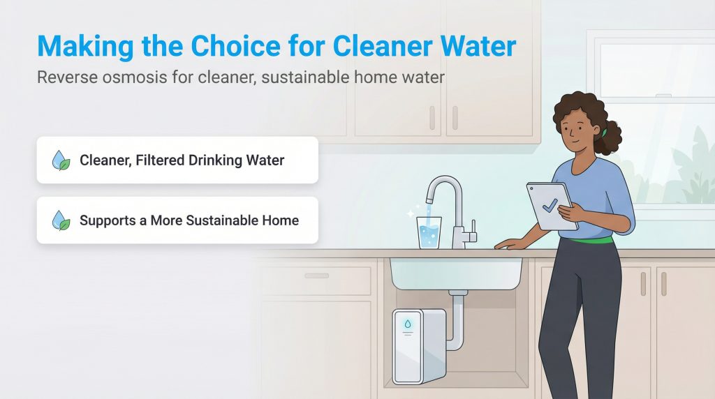 A woman in a kitchen looks at a tablet next to a sink with an under-counter reverse osmosis water filter.