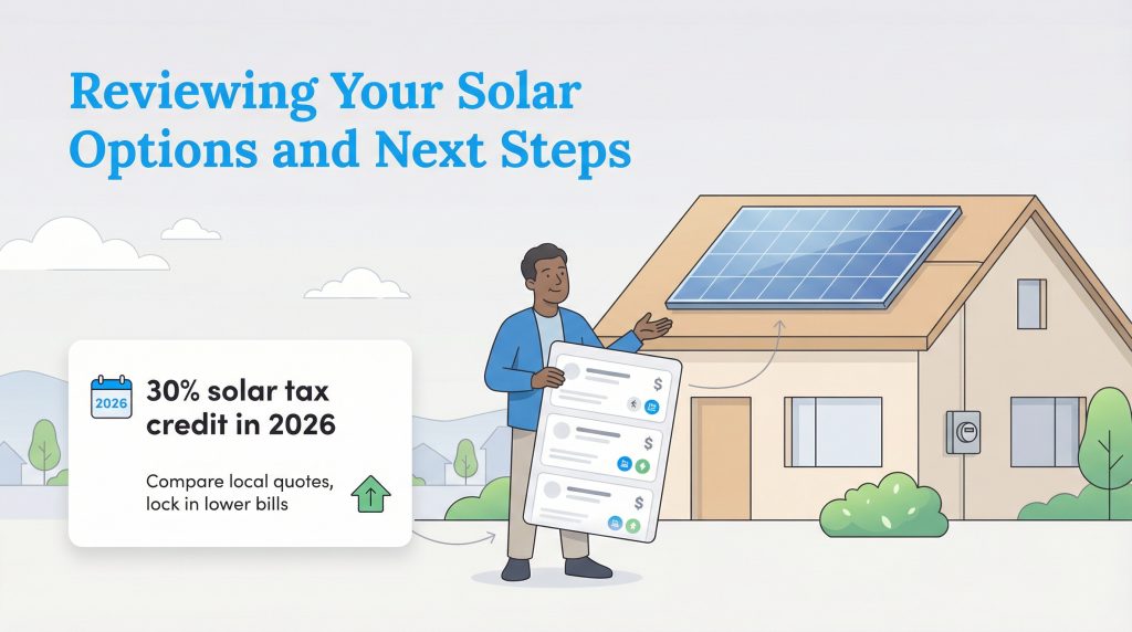 Man holds solar quotes by a house with panels, with text about the 2026 30% solar tax credit.