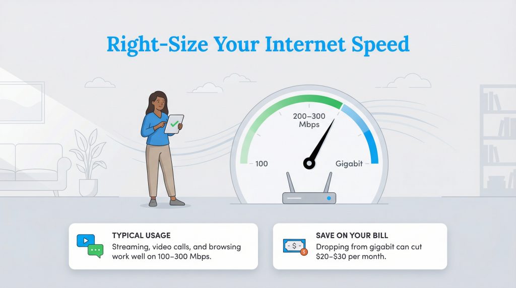 Infographic: A speedometer indicates 200-300 Mbps is ideal for typical usage and saving money.