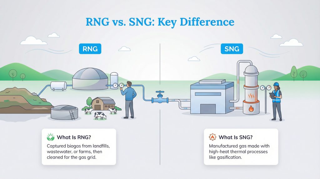 Infographic comparing RNG production from waste sources with SNG production via gasification.