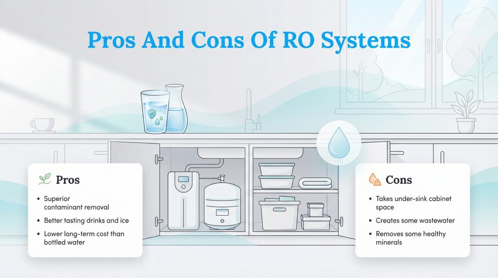 Infographic listing the pros and cons of installing an under-sink Reverse Osmosis (RO) water filtration system.