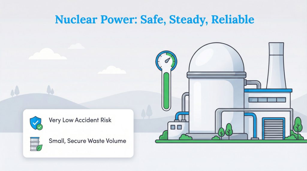 Infographic showing a nuclear plant's safety, low accident risk, and secure waste volume.