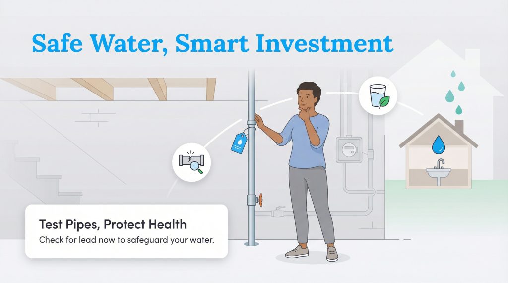 Woman in a basement checking a water pipe, with text about testing for lead and safe water.
