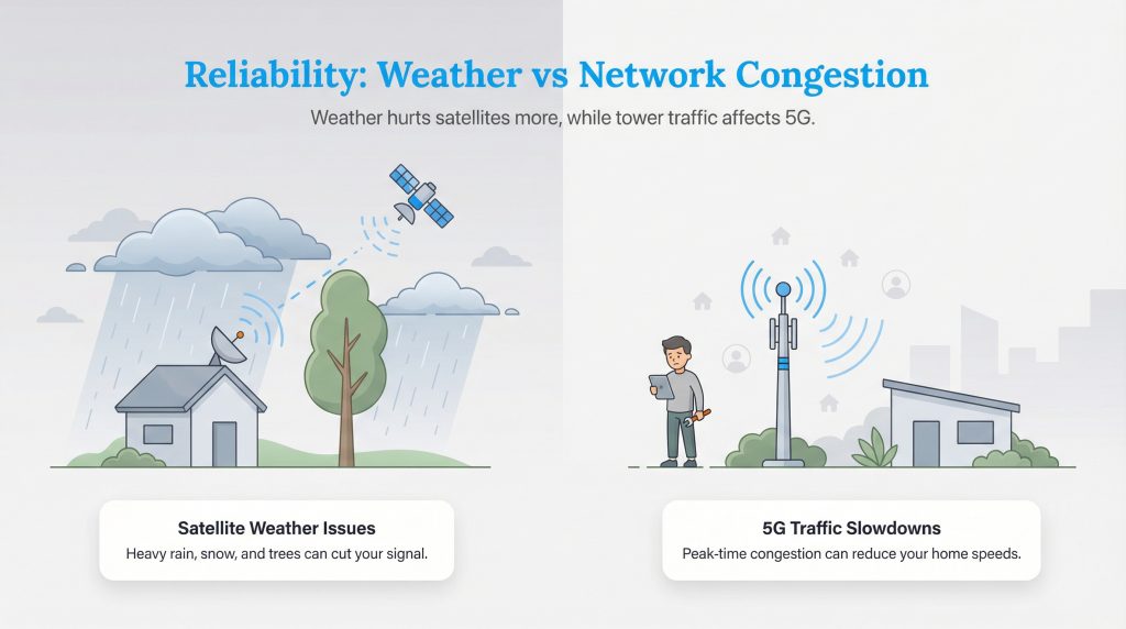 Illustration showing satellite internet affected by rain and trees, and 5G slowed by network traffic.