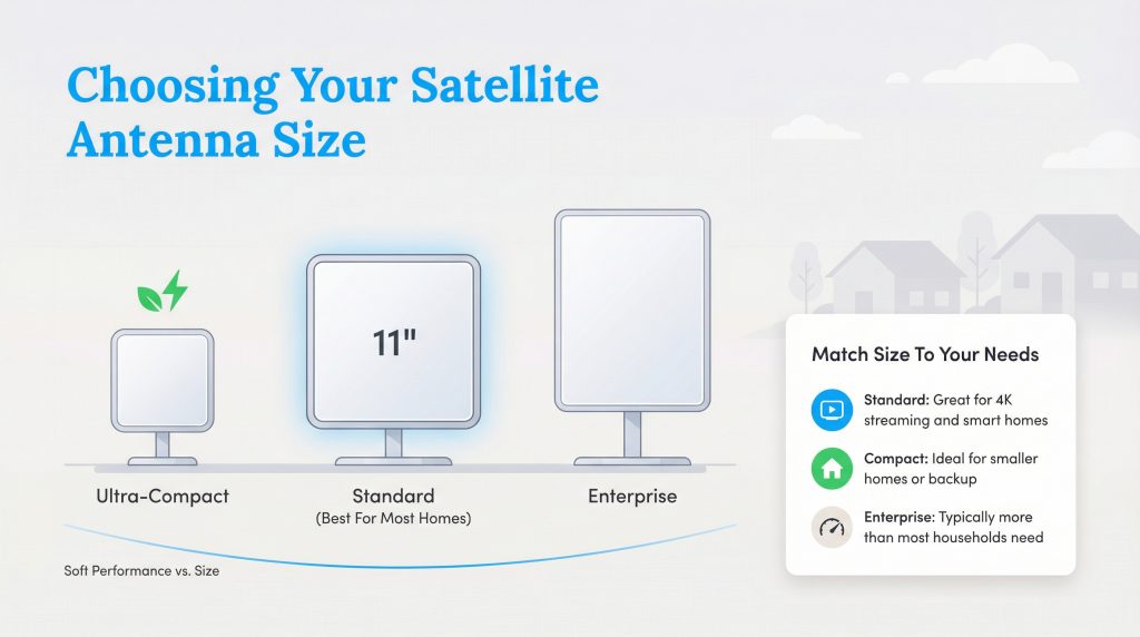 Diagram comparing Ultra-Compact, Standard, and Enterprise satellite antenna sizes and use cases.