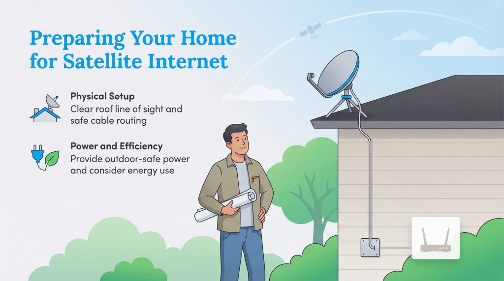 Man with blueprints by house with a roof satellite dish, showing home preparation for internet.