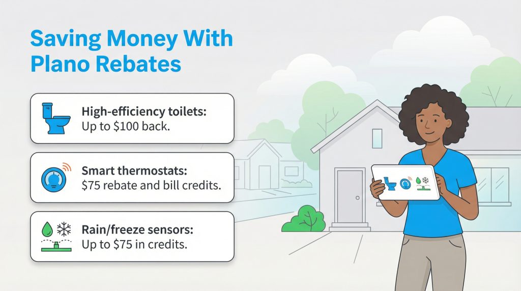 Illustration of Plano rebates for efficient toilets, smart thermostats, and rain/freeze sensors.