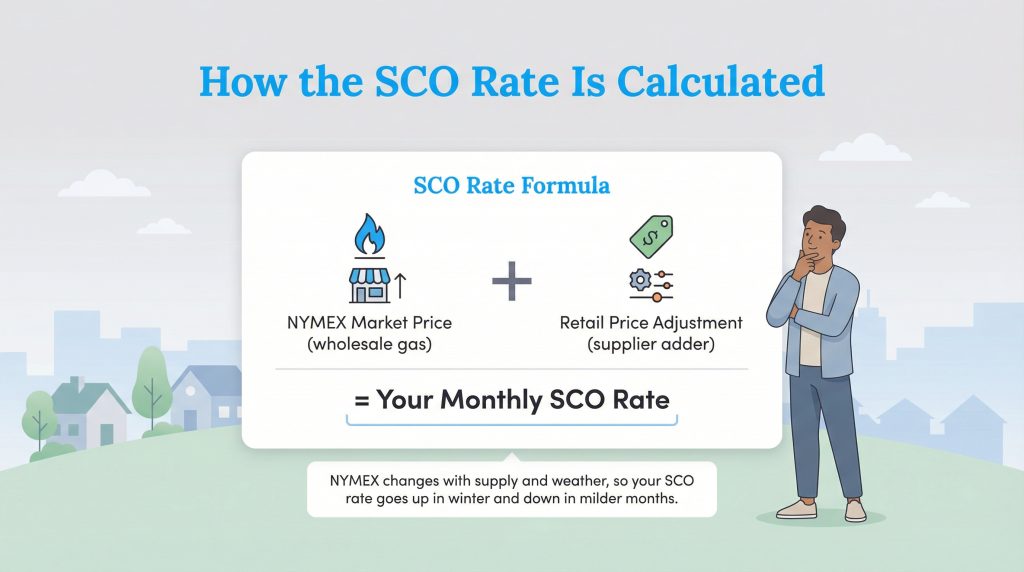 Infographic: NYMEX Market Price (wholesale gas) + Retail Price Adjustment = Your Monthly SCO Rate.