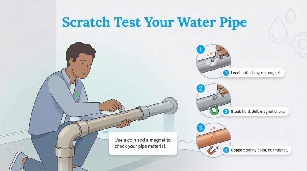 Man using a key and magnet to scratch test a water pipe and identify lead, steel, or copper materials.