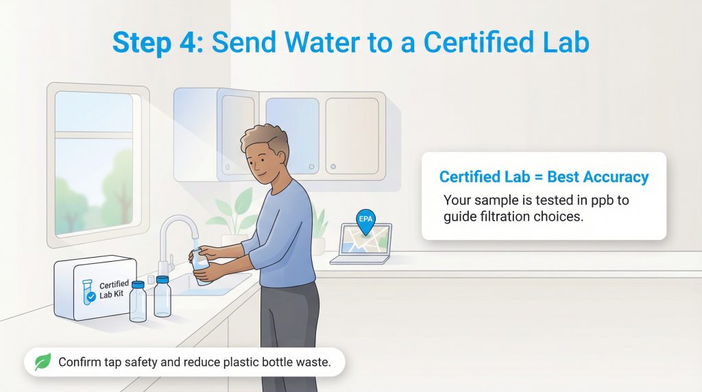 An illustration shows a person filling a water bottle for a certified lab test in a kitchen.