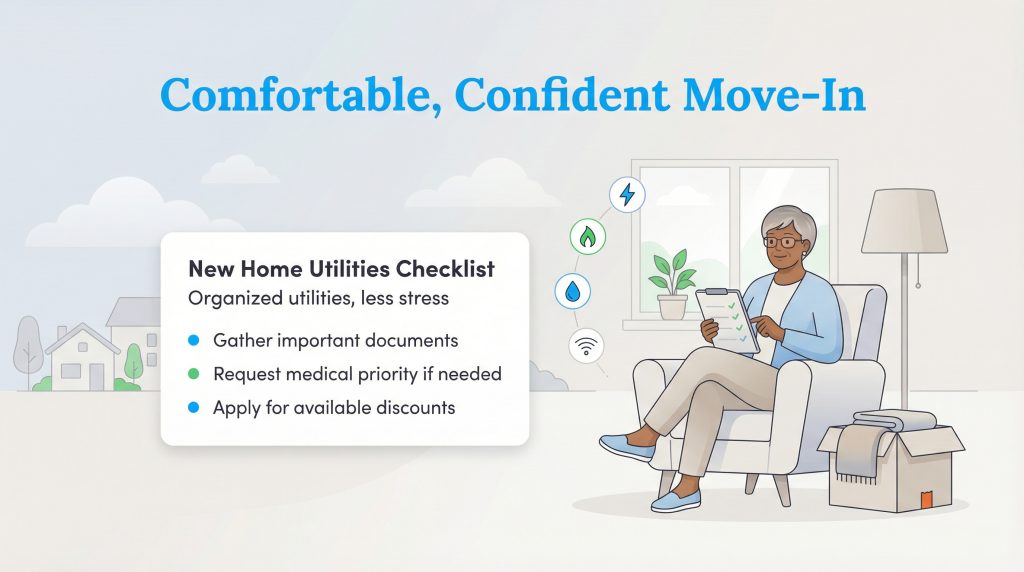 Illustration of a senior woman holding a new home utilities checklist in a furnished room.