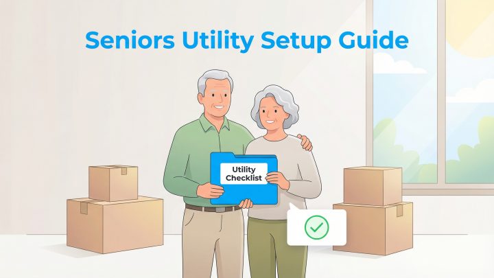 Older couple holding a Utility Checklist folder in a room with moving boxes.