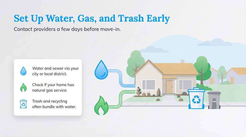 Illustration shows a house with water, gas, and trash icons, advising to contact providers early.