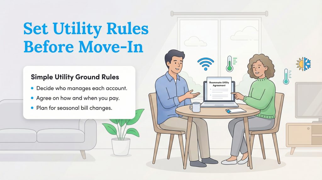 Two roommates at a table with a laptop creating a Roommate Utility Agreement, next to a list of simple utility ground rules.