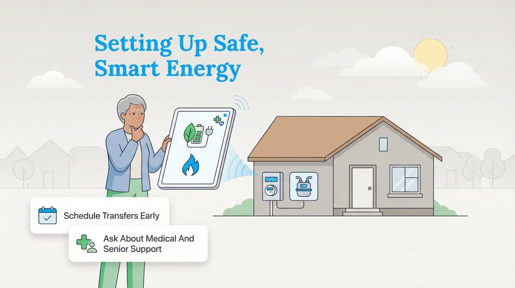 An illustration shows an older woman using a tablet to manage home energy, with tips on scheduling transfers and asking for senior support.