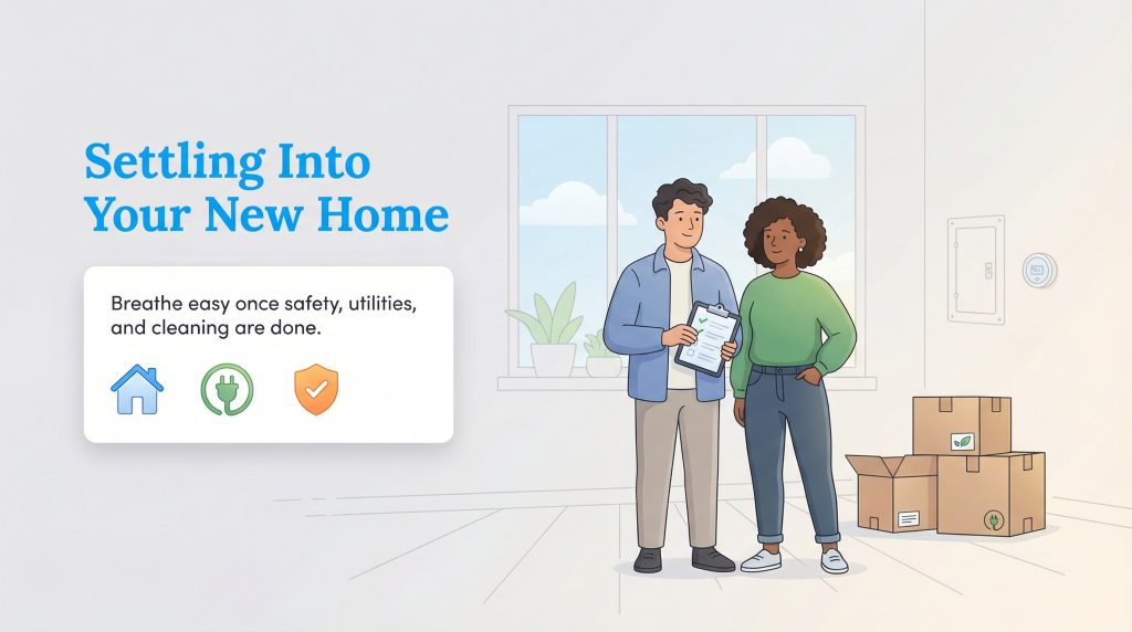 A couple holds a checklist amidst moving boxes in their new home, symbolizing settled confidence.