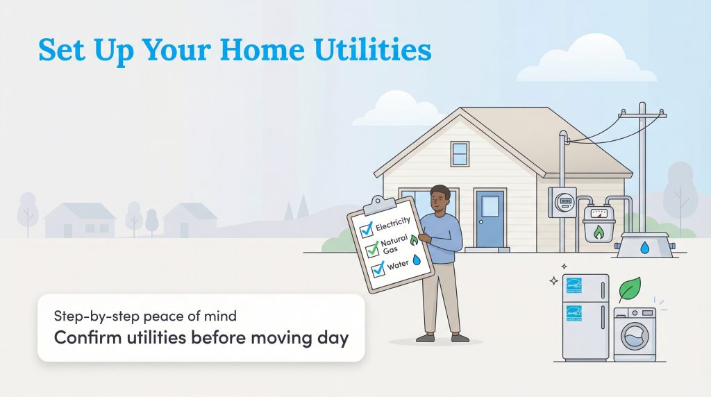 A man holds a utility checklist in front of a house with meters and ENERGY STAR appliances.