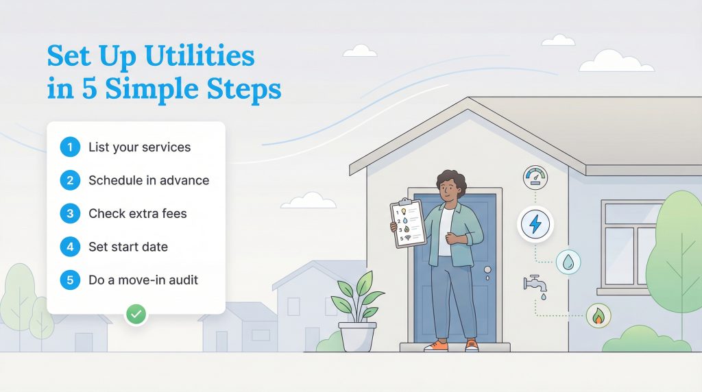 Illustration of a five-step checklist for setting up utilities next to a person outside a home.