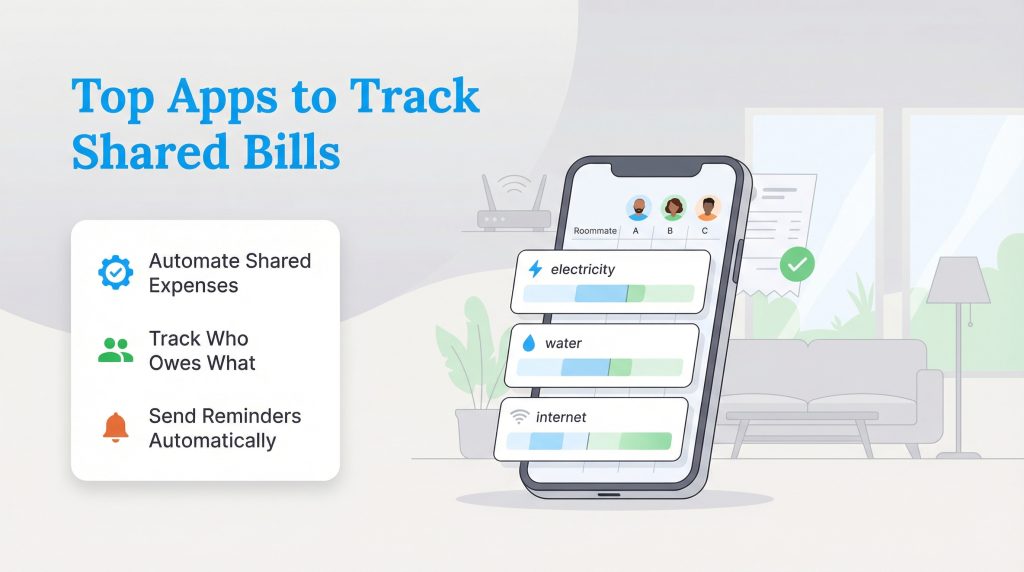 Infographic of a smartphone app tracking shared bills like electricity and water among roommates.