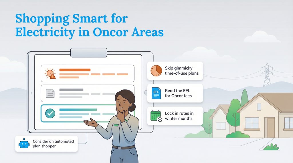 Illustration of a woman presenting tips for shopping for electricity in Oncor areas.