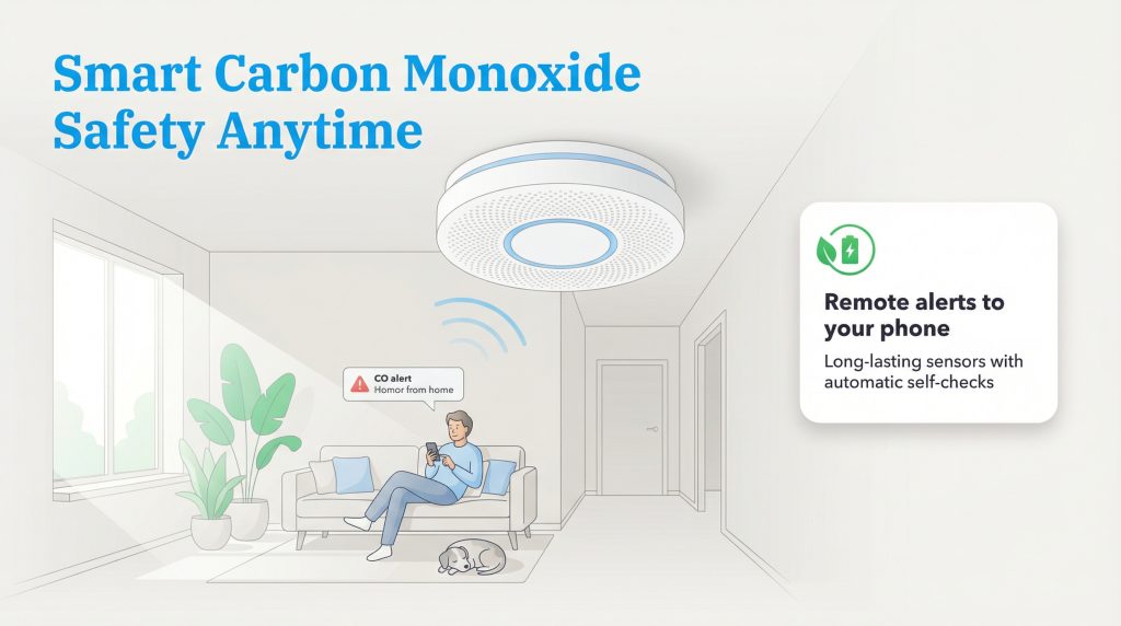 Diagram of a smart carbon monoxide detector and its remote alert and self-check features.