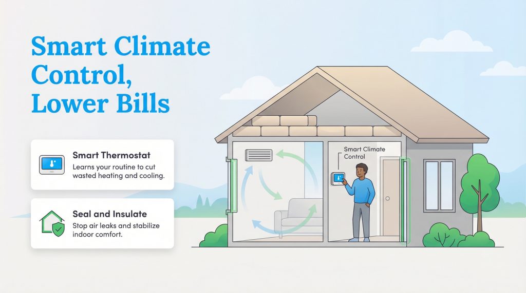 Infographic titled Smart Climate Control, Lower Bills showing a smart thermostat and house insulation.