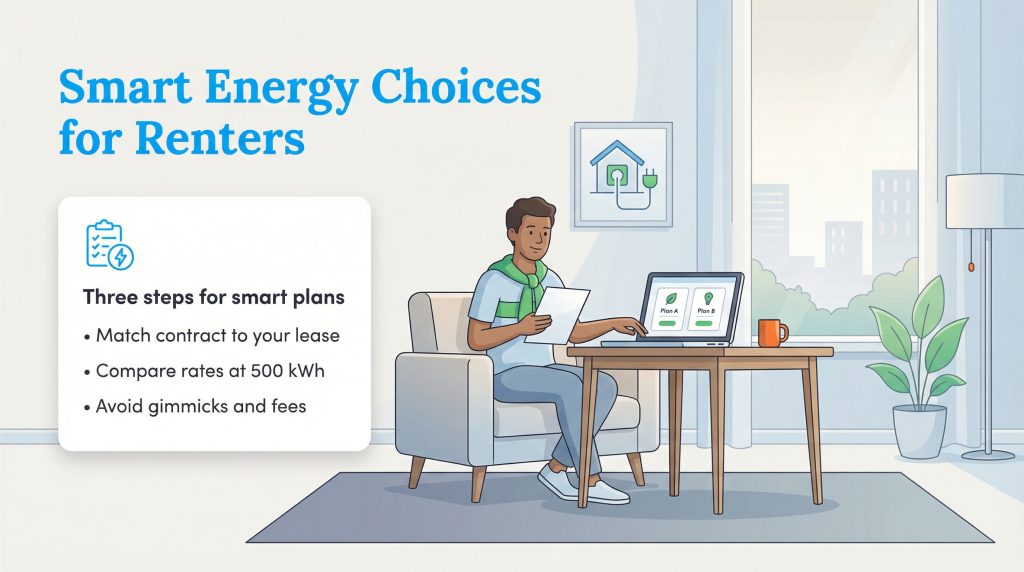 Man on laptop comparing energy plans using a checklist with three steps for smart renter plans.