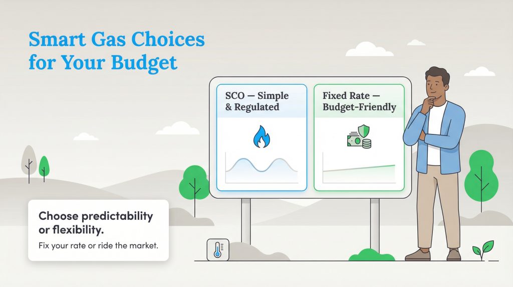 Man views sign contrasting fluctuating SCO gas option with flat-rate fixed plan.