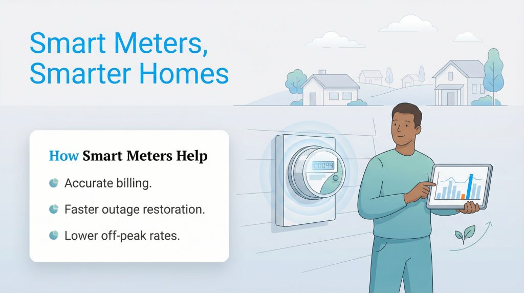 Infographic showing a man with a tablet and a smart meter, listing benefits like accurate billing and lower rates.