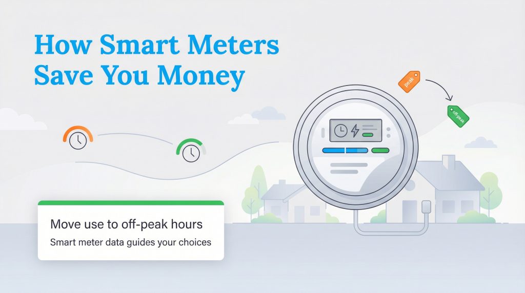 Illustration depicting how a smart meter helps shift energy usage from peak to off-peak hours.