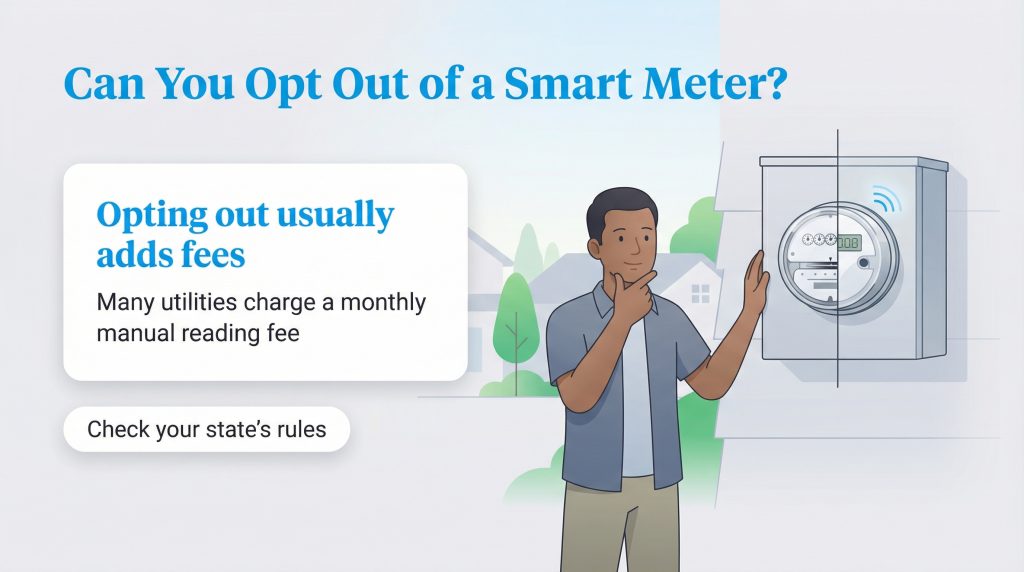 Infographic showing a man considering a smart meter, with text stating that opting out usually adds monthly fees for manual reading.