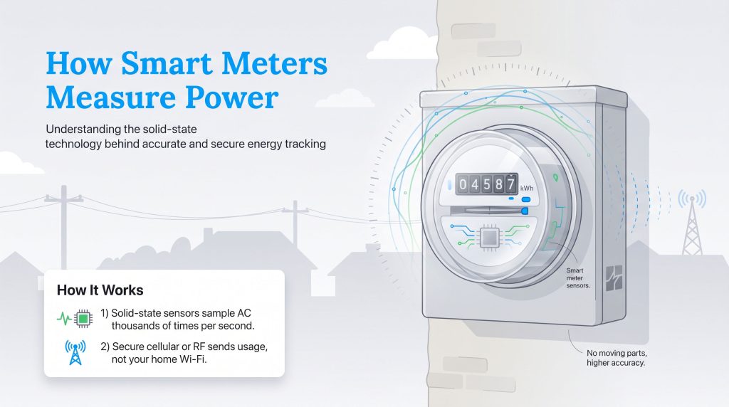 Diagram of a smart meter showing solid-state sensors and secure cellular or RF communication paths.