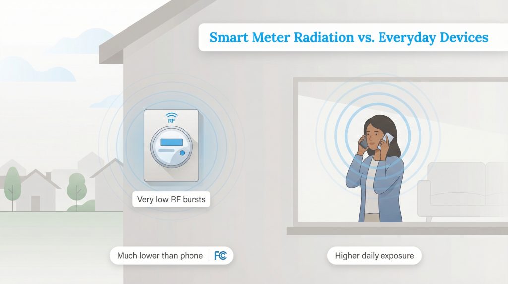 An illustration comparing the low RF radiation from a smart meter with the higher exposure from using a cell phone.