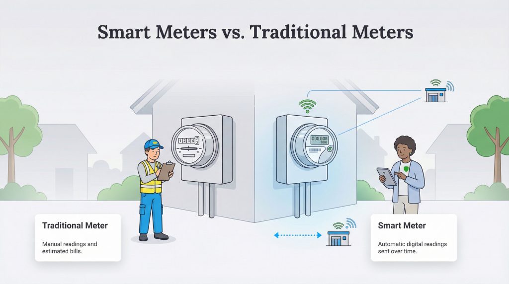 A diagram contrasting a traditional meter with manual readings and a smart meter with automatic digital readings.